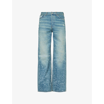 Shop Amiri Shotgun Baggy Distressed Relaxed-fit Wide-leg Jeans In Crafted Indigo