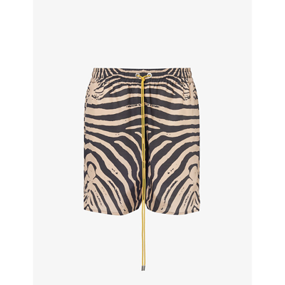 Shop Rhude Mens Black Tan Zebra Stripe-pattern Silk Shorts
