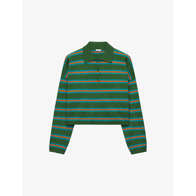 Shop Loewe Women's Green Striped Relaxed-fit Wool-knit Polo Shirt