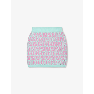 Shop Fendi Logo-intarsia Cotton And Cashmere-blend Knitted Mini Skirt 8-12+ Years In Acquamarina+holliwoo