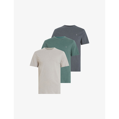 Shop Allsaints Men's Green/taupe/gr Brace Tonic Pack Of Three Cotton-jersey T-shirts