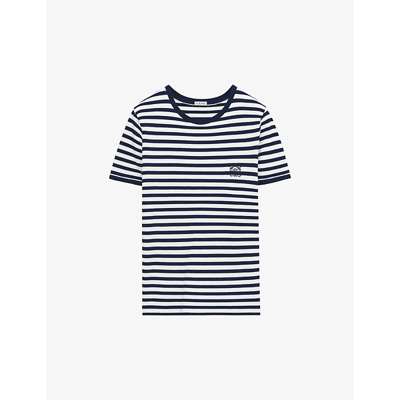 Shop Loewe Anagram-embroidered Striped Stretch-woven T-shirt In White/navy