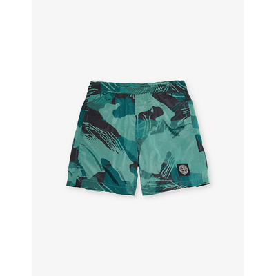 Shop Stone Island Boys Emerald Kids Camouflage-print Cotton-jersey Shorts 6-12 Years