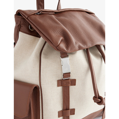 Shop Eleventy Flap-pocket Leather-trimmed Cotton-canvas Backpack In Sand
