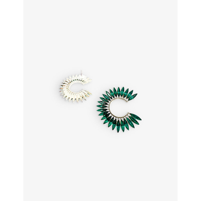 Shop Jennifer Gibson Jewellery Pre-loved Silver-toned Metal And Crystal Hoop Earrings In Silver Green