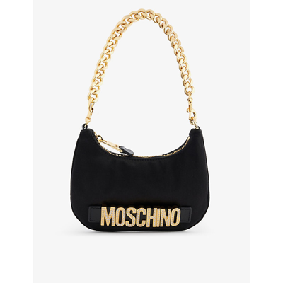 Shop Moschino Logo-plaque Chain-strap Silk-blend Shoulder Bag In Fantasy Print Black