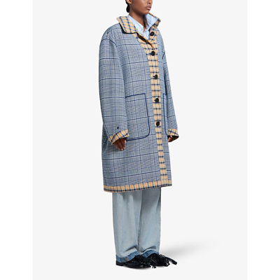 Shop Marni Women's Cornflower Single-breasted Checked Relaxed-fit Wool-blend Coat