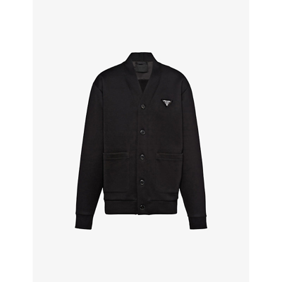 Shop Prada Brand-plaque V-neck Oversized-fit Cotton Cardigan In Black