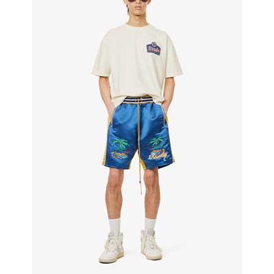 Shop Rhude Men's Navy Souvenir Brand-embroidered Satin Shorts