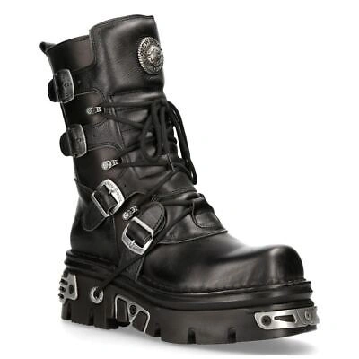 Pre-owned New Rock Rock Rock 373 S4 Metallic High Boots Black Leather Goth Biker Emo