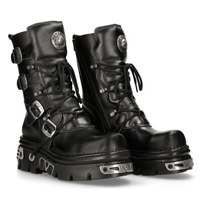 Pre-owned New Rock Rock Rock 373 S4 Metallic High Boots Black Leather Goth Biker Emo