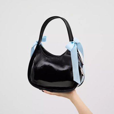 Shop Coach Ergo Bag In Crinkle Patent Topia Leather With Bows In Black/pale Blue