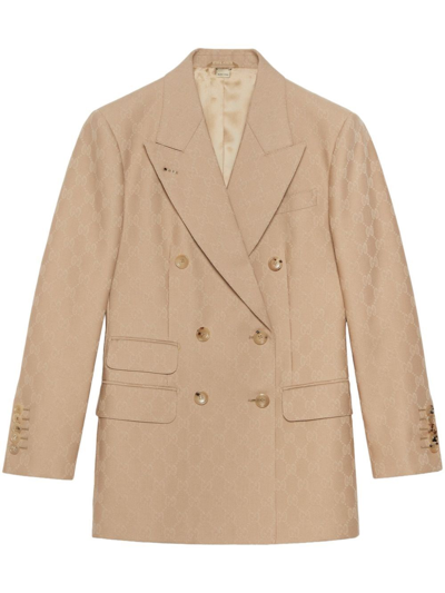 Shop Gucci `gg` Double-breasted Blazer In Brown