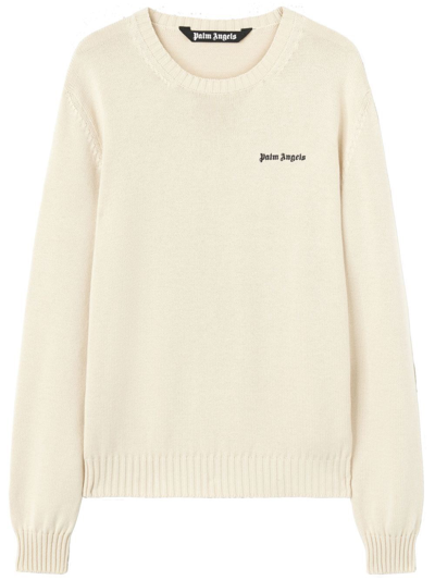 Shop Palm Angels `classic Logo` Knit Round-neck Sweater In Beige