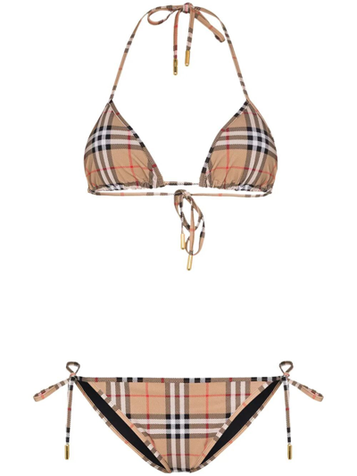 Shop Burberry `check` Triangle Bikini In Beige