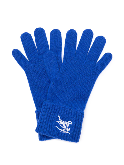 Shop Burberry `ekd` Embroidered Knit Gloves In Blue