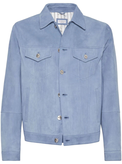 Shop Brunello Cucinelli Leather Four-pocket Jacket In Blue