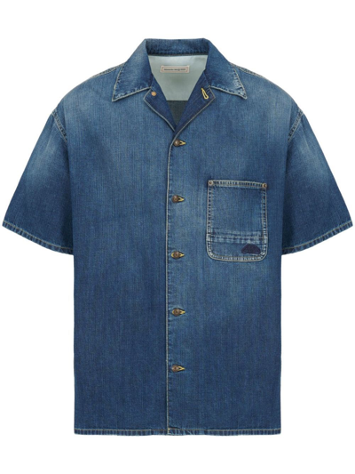 Shop Alexander Mcqueen Hawaiian Denim Shirt In Blue