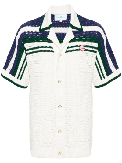 Shop Casablanca Crochet Effect Short Sleeve Tennis Shirt In White