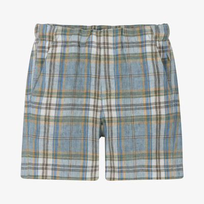 Shop Il Gufo Boys Blue Check Linen Shorts