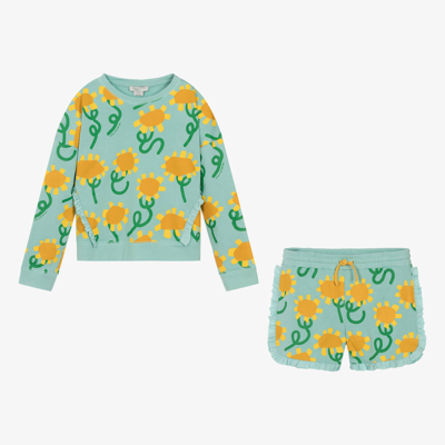 Shop Stella Mccartney Kids Teen Girls Blue Sunflower Print Cotton Shorts Set