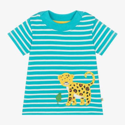 Shop Frugi Boys Blue Striped Cotton Leopard T-shirt