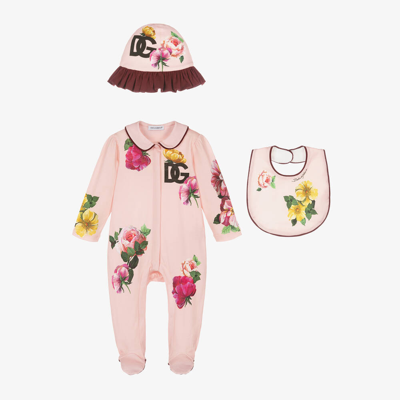 Shop Dolce & Gabbana Baby Girls Pink Cotton Floral Babysuit Set