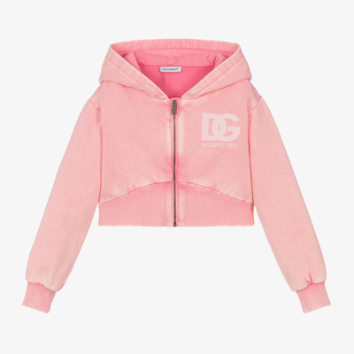 Shop Dolce & Gabbana Girls Washed Pink Cotton Zip-up Hoodie