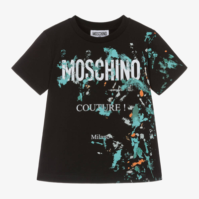 Shop Moschino Kid-teen Boys Black Paint Cotton T-shirt