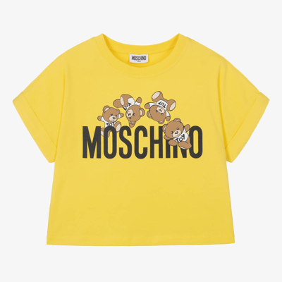 Shop Moschino Kid-teen Teen Girls Yellow Cropped Teddy Bear T-shirt