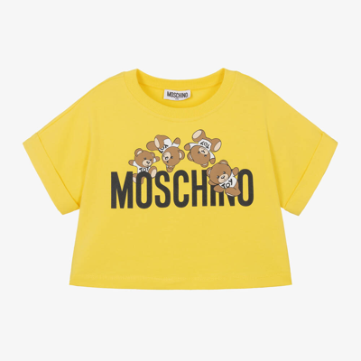 Shop Moschino Kid-teen Girls Yellow Cropped Teddy Bear T-shirt