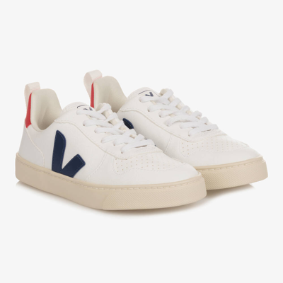 Shop Veja Teen White & Navy Blue Lace-up V-10 Trainers