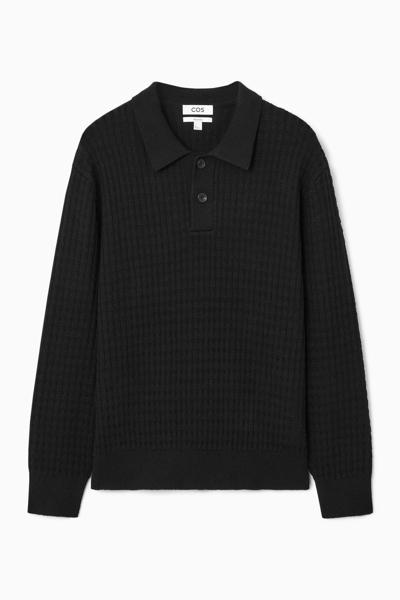 Shop Cos Textured Knitted Polo Shirt In Black