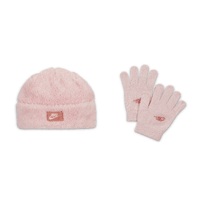 Shop Nike Cozy Peak Beanie And Gloves Set Little Kids 2-piece Hat Set In Pink