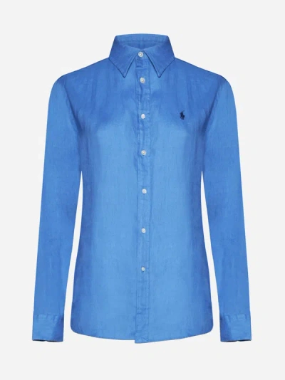 Shop Polo Ralph Lauren Logo Linen Shirt In Riviera Blue