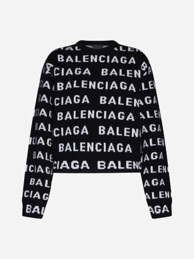 Shop Balenciaga Logo Wool Cropped Sweater In Black,white