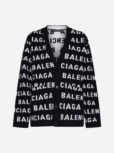 Shop Balenciaga Logo Wool Cardigan In Black,white
