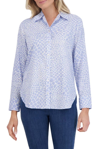 Shop Foxcroft Meghan Giraffe Print Linen Blend Shirt In Blue/ White