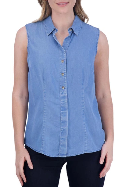 Shop Foxcroft Ashley Sleeveless Chambray Button-up Shirt In Blue Wash