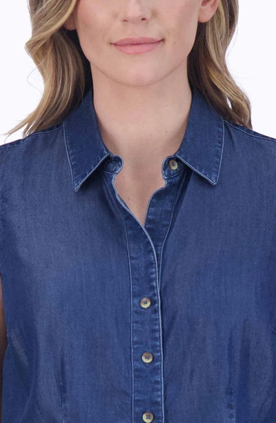 Shop Foxcroft Ashley Sleeveless Chambray Button-up Shirt In Navy
