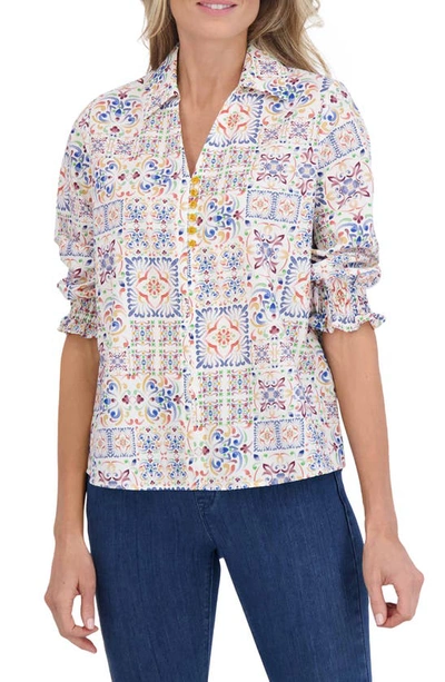 Foxcroft Alexis Watercolor Print Smocked Sleeve Cotton Popover Top In White Multi