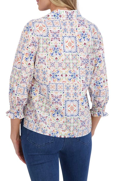 Foxcroft Alexis Watercolor Print Smocked Sleeve Cotton Popover Top In White Multi