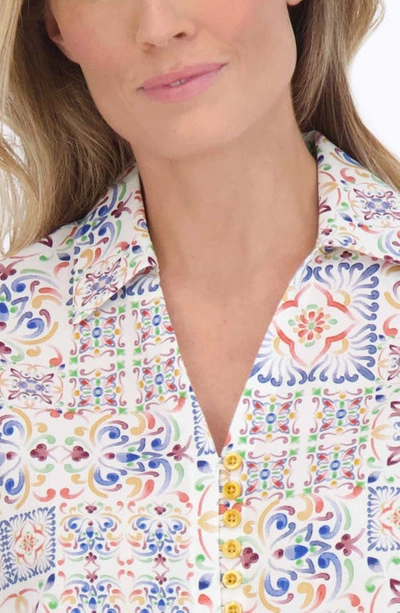 Foxcroft Alexis Watercolor Print Smocked Sleeve Cotton Popover Top In White Multi