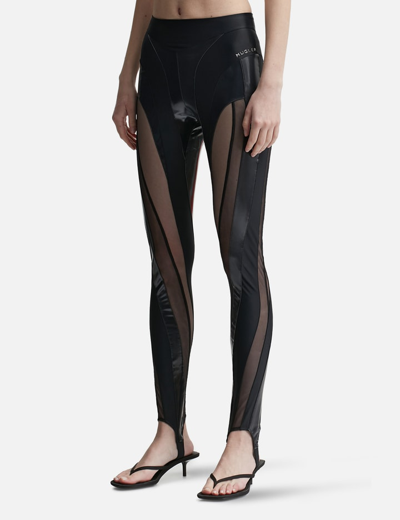 Shop Mugler Glossy Sheer-panelled Spiral Leggings In Black