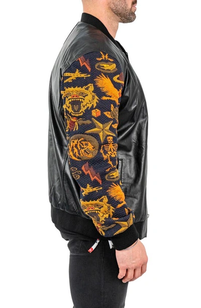 Maceoo Skull Sleeve Leather Bomber Jacket In Black