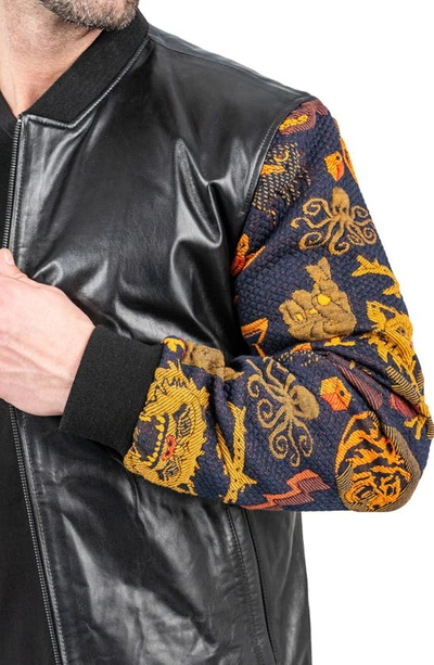 Maceoo Skull Sleeve Leather Bomber Jacket In Black