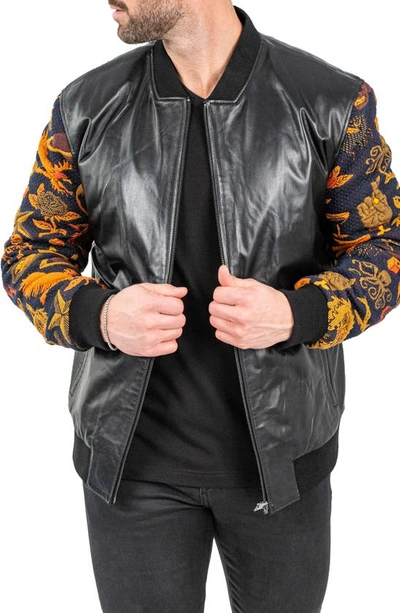 Maceoo Skull Sleeve Leather Bomber Jacket In Black