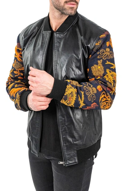 Maceoo Skull Sleeve Leather Bomber Jacket In Black