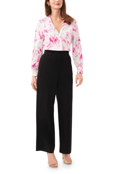 Shop Halogen Collarless Satin Button-up Shirt In Magenta Pink/ Multi