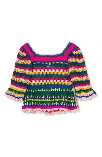 Shop Truce Kids' Crochet Button Front Top In Green Multi